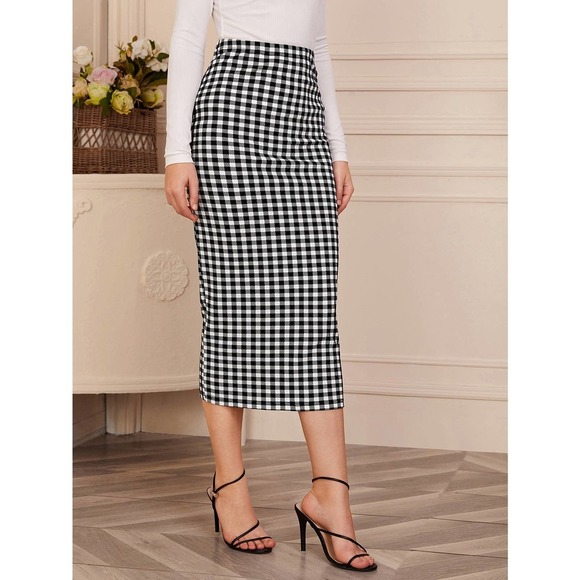 Gingham plaid Pencil midi Skirt black white - Picture 4 of 5
